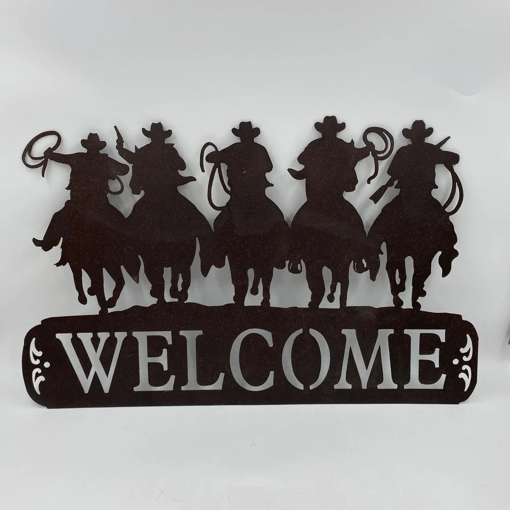 Large Metal Cowboy Welcome Sign Rust Brown Western Wall Art Ranch Rodeo Horse